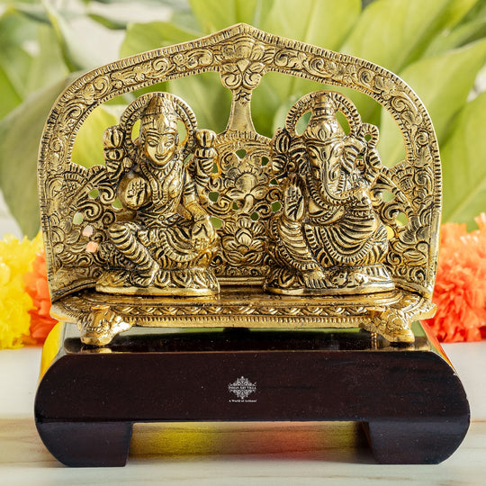 Brass Finish Ganesh Ji With  Laxmi JI Murti with Wooden Base