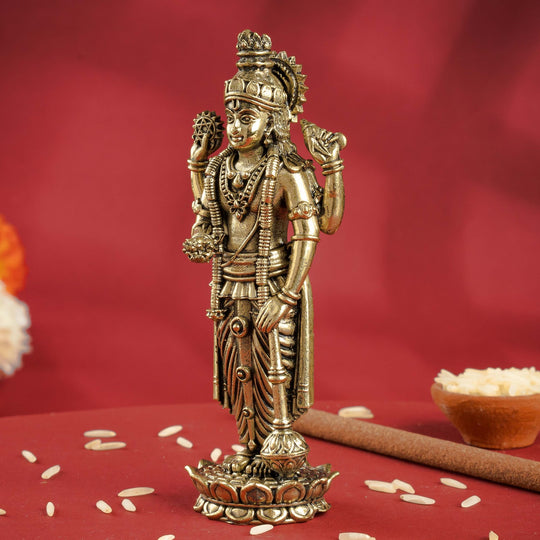 Pure Brass Lord Vishnu JI Idol – Four Armed Standing Statue on Lotus