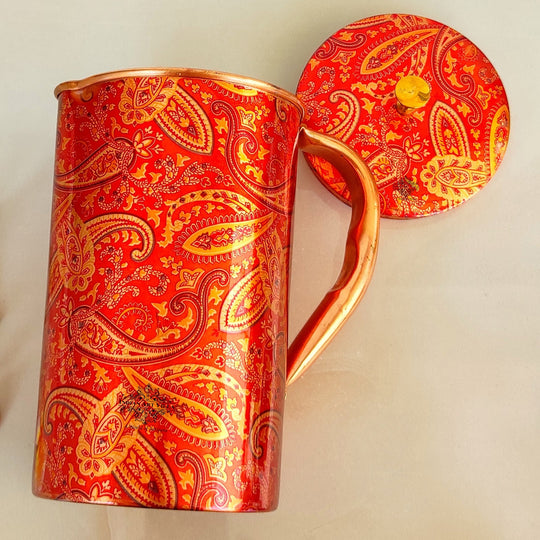Pure Copper Paisley Printed Design Jug With Brass Knob on Lid