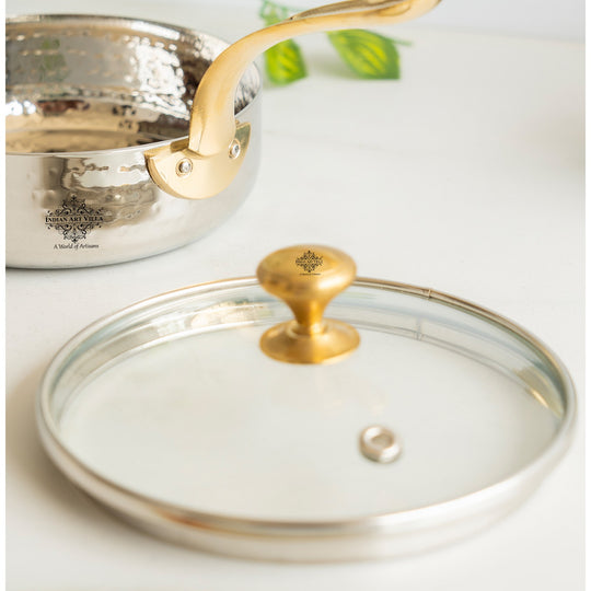 Hammered Steel Serving Fry Pan with Brass Handle & Lid