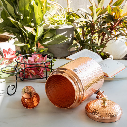 5 litre round copper matka with stand  tamba matka on tall iron stand – copper matka 5 litre price