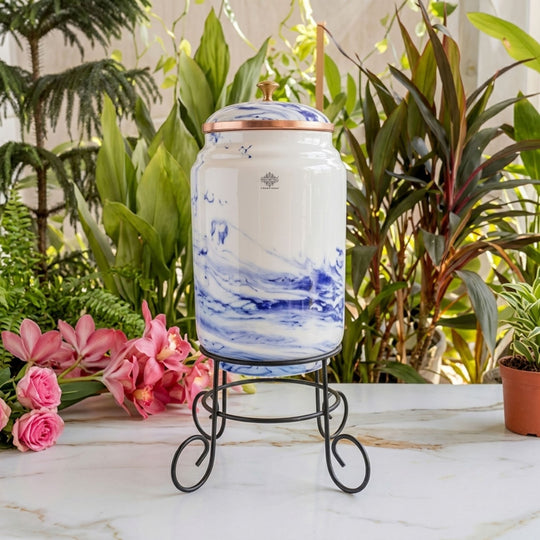 Copper Aqua Blue Printed Water Pot with Stand & Glass, 5 Litre — Indian Art Villa