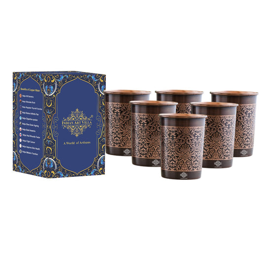 Pure Copper Glass With Handcrafted Embossed Design 275 ML