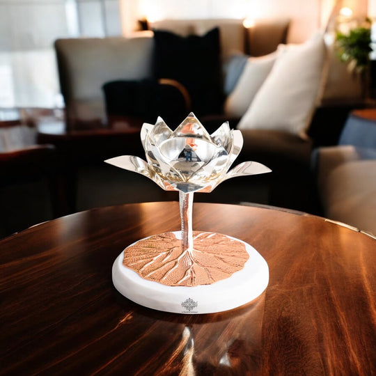 Silver-Plated Lotus Design Decorative Oil Lamp – Elegant Diya/Oil Lamp for Home, festival, Wedding Decoration