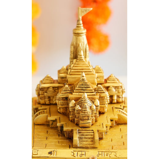 Handcrafted Wooden Brass Ram Mandir/Temple, Ayodhya Model 3D Replica, Traditional, 16.51 cm Width
