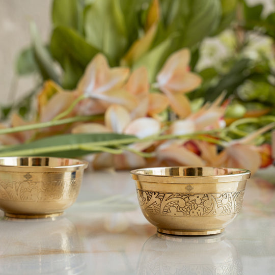 Handcrafted Pure Brass Embossed Round Shaped Bowl, Dinnerware, Serveware