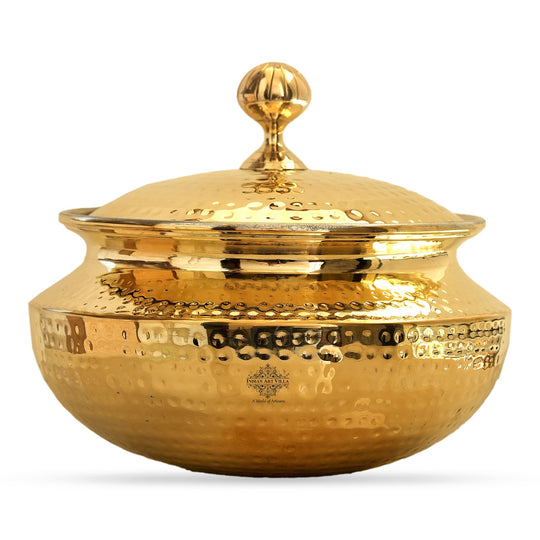Indian Art Villa brass biryani handi with hammered shine and domed lid elegant festive serveware for weddings and gifting