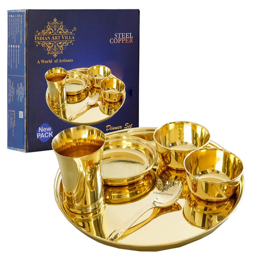 Pure Brass Matt Finish & Hammered 7 Pieces Dinner Set / Thali Set | DinnerWare |