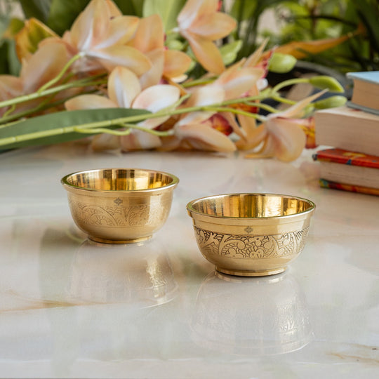 Handcrafted Pure Brass Embossed Round Shaped Bowl, Dinnerware, Serveware