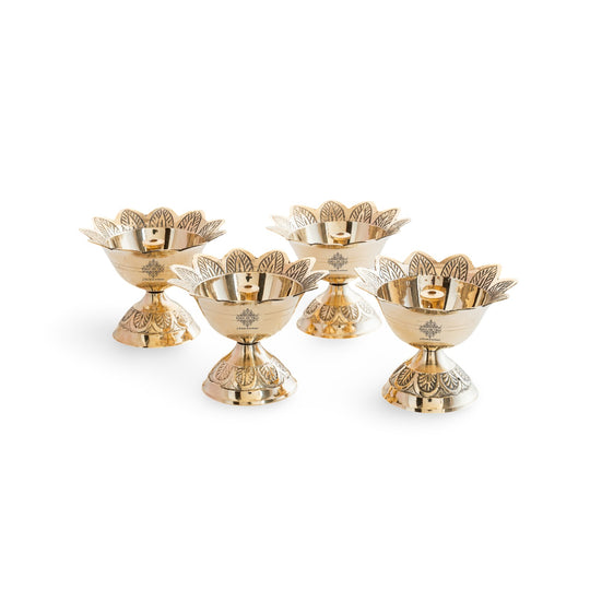 Brass Floral Diya Set of 4, Decorative Oil Lamps for Pooja
