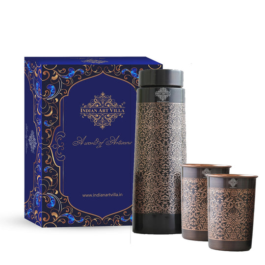 Antique copper pyramid bottle and glass gift set full view — Indian Art Villa