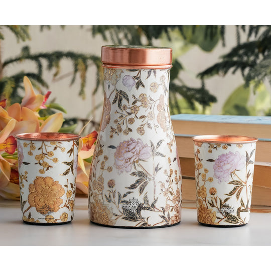 Golden floral design copper bottle and tumbler set by Indian Art Villa, ideal for festive décor and premium gifts.