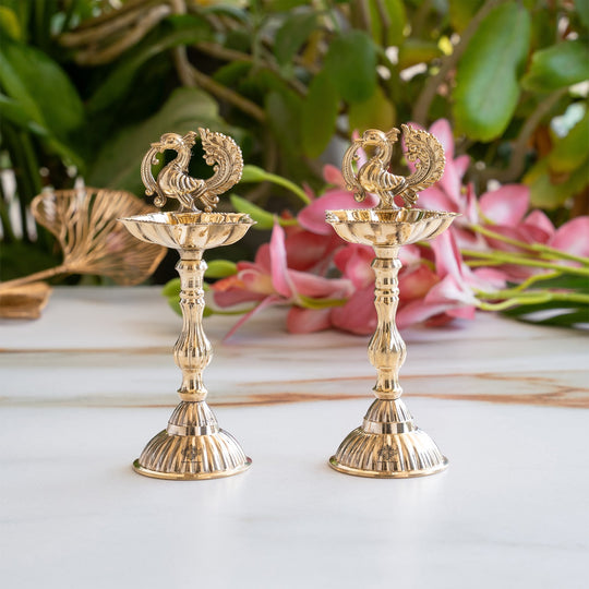 Brass Pillar Diya Set of 2 - Standing Oil Lamps