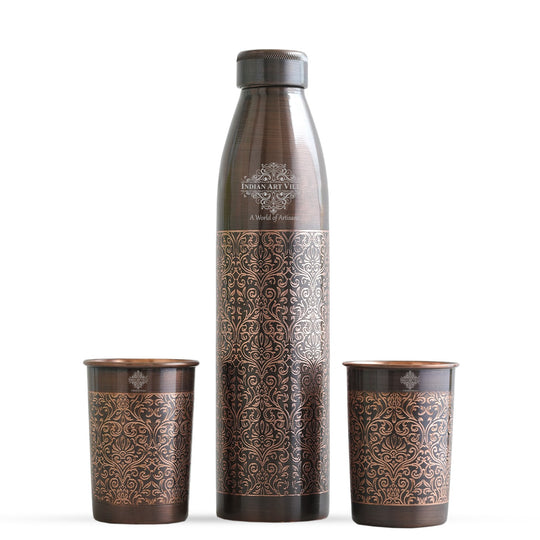 Pure Copper Antique Finished Embossed Design Bottle With Glass Set