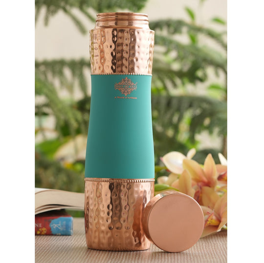 Handcrafted half hammered pure copper water bottle with striking red silk finish by Indian Art Villa