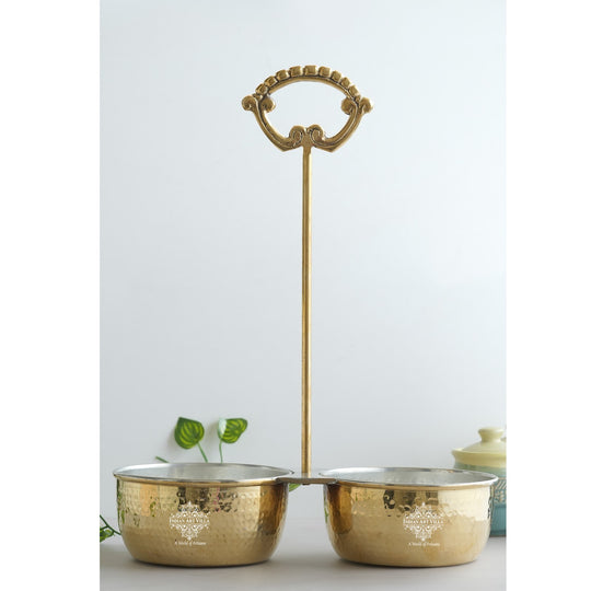 Brass vegetable serving bowl set with hammered interior tin lining and central handle crafted in traditional dual compartment design
