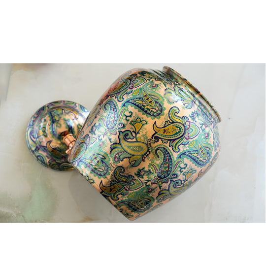Copper Water Pot/Dispenser/ Matka in Green Paisley Printed Design with Brass Tap,13 Ltr
