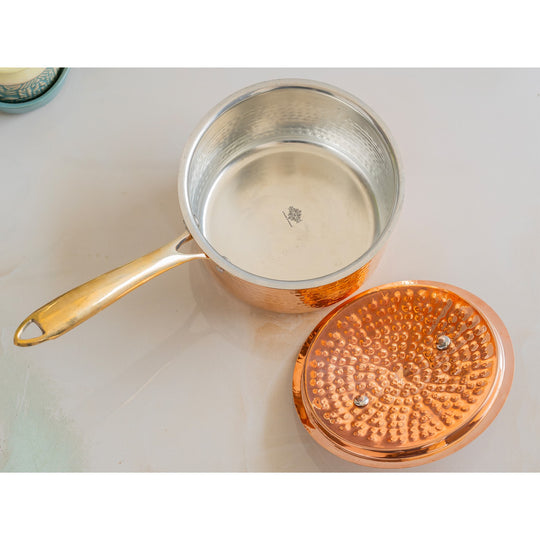 Indian Art Villa, Pure Copper Hammer Long Handle Sauce Pan With Inside Tin Lining And Lid, Copper Cookware & Serveware