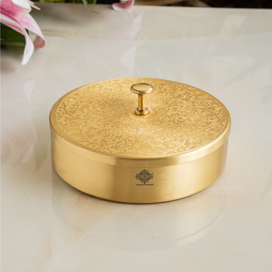 Brass Embossed Masala Box, Spice Container with 7 Compartments, Kitchenware