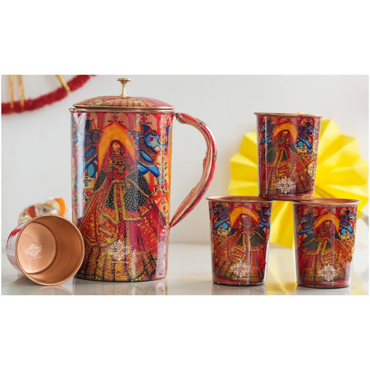 Ayurvedic Copper Jug & 2 Glass Set by Indian Art Villa, featuring Rajasthani Meena 'Padharo Mhare Desh' print, ideal for home decor.