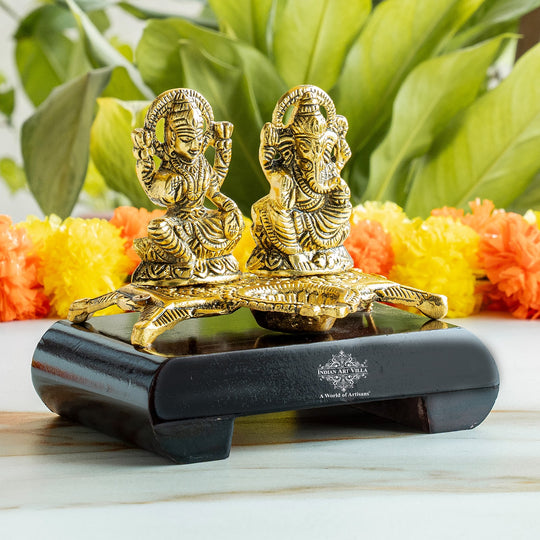 Brass Finish Ganesh Ji With  Laxmi JI Murti with Wooden Base