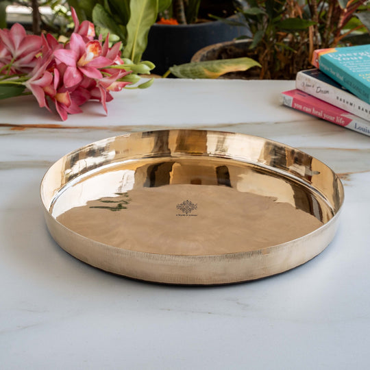 Handmade pure bronze Thali plate centre design black back 30 cm front view — Indian Art Villa
