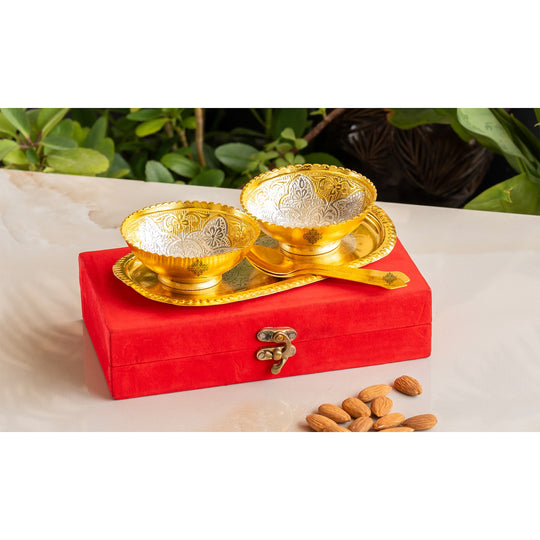 Silver plated floral bowl set with tray and spoons front view — Indian Art Villa