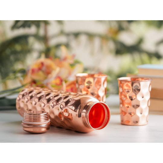 Set of Pure Copper Diamond Hammered Leak Proof Water Bottle & Two Glasses with a Gift Box, Drinkware