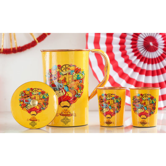 Brightly printed copper jug and two glasses with folk Rajasthan artwork ideal for gifting by Indian Art Villa