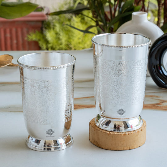 Embossed Designer Silver Plated Set of 2 Designer Glass With Blue Box