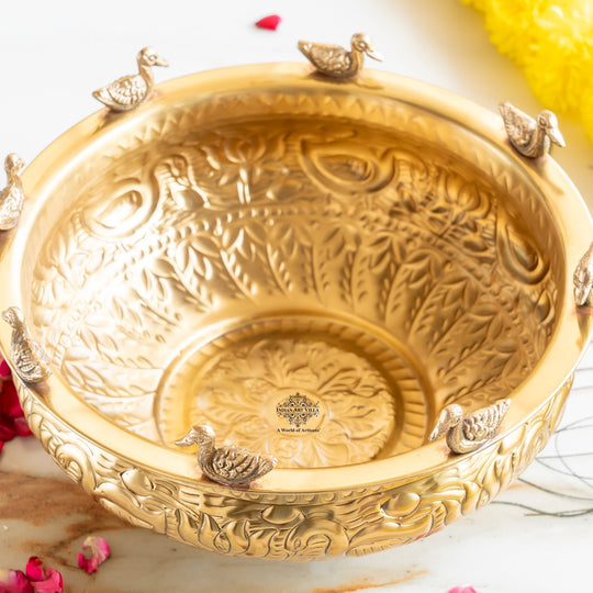 Brass Urli with Embossed Duck & Lotus Flower Design – Traditional Urli