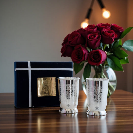 Embossed Designer Silver Plated Set of 2 Designer Glass With Blue Box