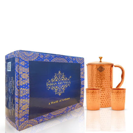 Luxury Hand-Hammered Copper Jug Set – Indian Art Villa Wellness Gift Combo with 2 Matching Tumblers