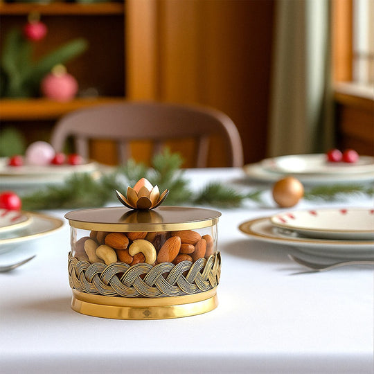 Brass Decorative Multipurpose Bowl with Lid & Lotus Design Knob