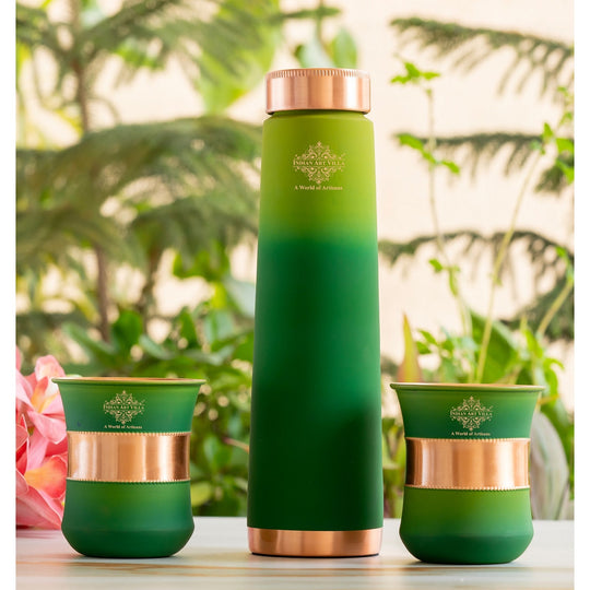 Green pyramid copper bottle and glasses set with lacquered ombre finish, handcrafted by Indian Art Villa artisans.