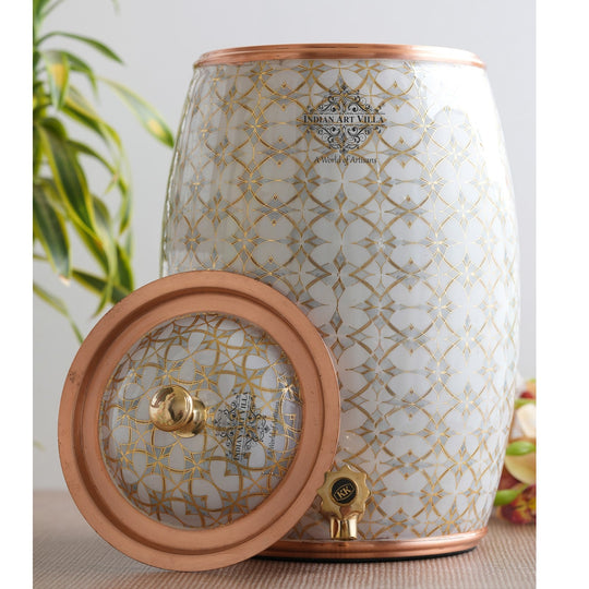 Handcrafted Pure Copper Water Pot with Gold Print Design, Ayurveda Water Vessel, 10 Ltr.