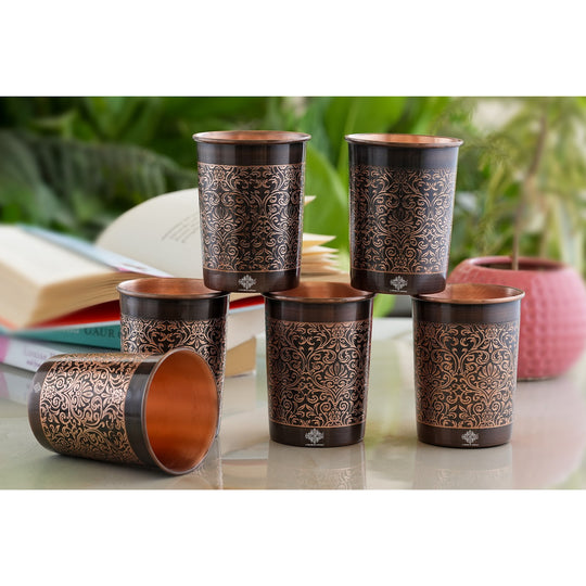 Pure Copper Glass With Handcrafted Embossed Design 275 ML
