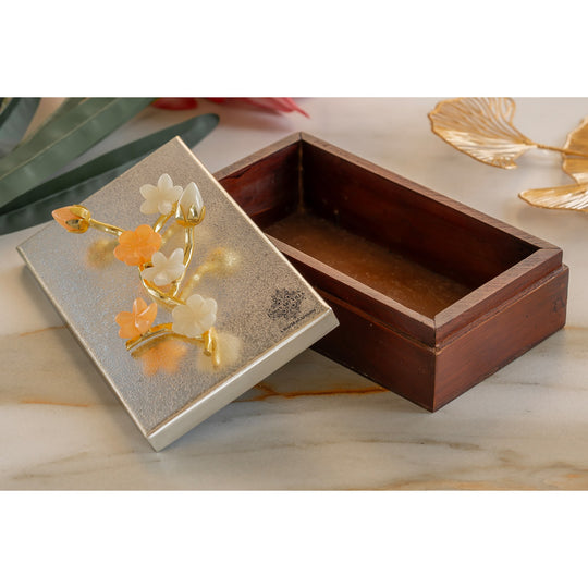 Wooden Decorative Box with Silver-Plated Leaf and Flower Design