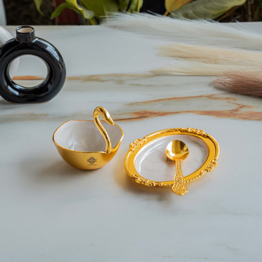 Pure Gold Polish Ceramic Finish Duck Design Bowl with 1 Tray & 1 Spoon