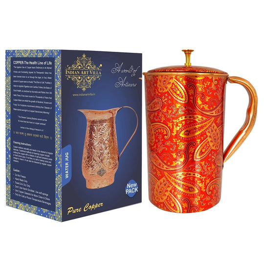 Pure Copper Paisley Printed Design Jug With Brass Knob on Lid
