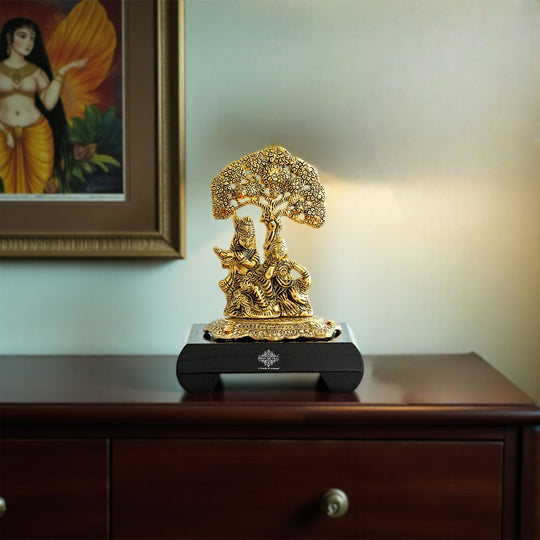 Brass Finish Radha Krishna Murti with Wooden Base