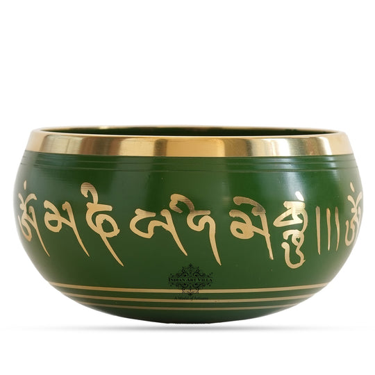 Indian Art Villa handcrafted green brass singing bowl with mantra design and cushion, ideal for meditation, healing.