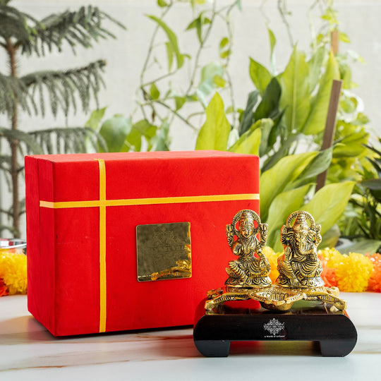 Brass Finish Ganesh Ji With  Laxmi JI Murti with Wooden Base