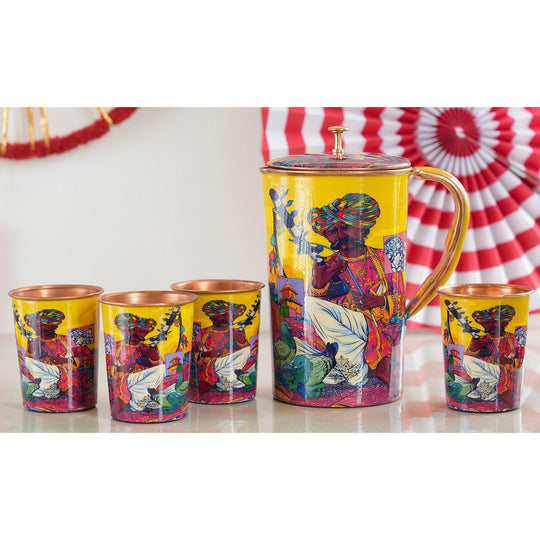 Pure Copper Printed Padharo Mhare Desh Jug & Glass Gift Set