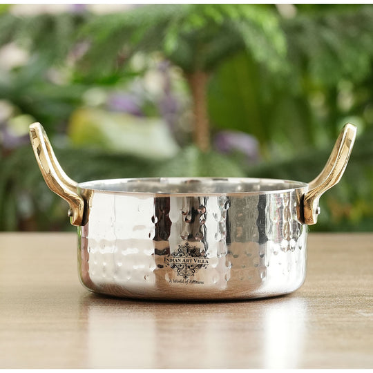 Stainless Steel Serving Bowl with Brass Handles, Hammered Design, Ideal Small Serving Bowl for Curry, Dal and Sides – Elegant Tableware for Home &amp; Restaurant Use