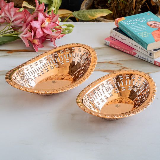 Copper Hammered Design Oval Bread Serving Basket