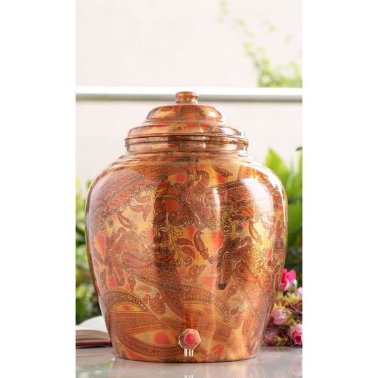 Printed Paisely Design Copper Water Dispenser Pot Matka, Storage, Home Kitchen Garden