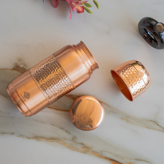 Pure Copper Hammered Water Bottle with Glass Lid – 2000 ML