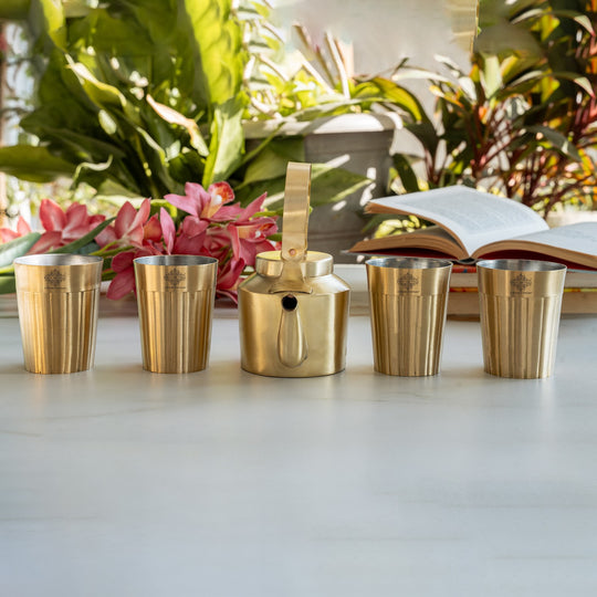 Brass Teapot, Kettle Inside Tin Lining with Glasses | Tableware | Serveware | Gold | 350 ML