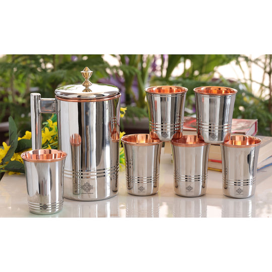 Steel Copper Drinkware Gift Set of Mirror Line Design 1 Jug & Glasses With Gift Box